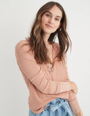 Aerie Ribbed Henley Long Sleeve T-Shirt | American Eagle Outfitters (US & CA)