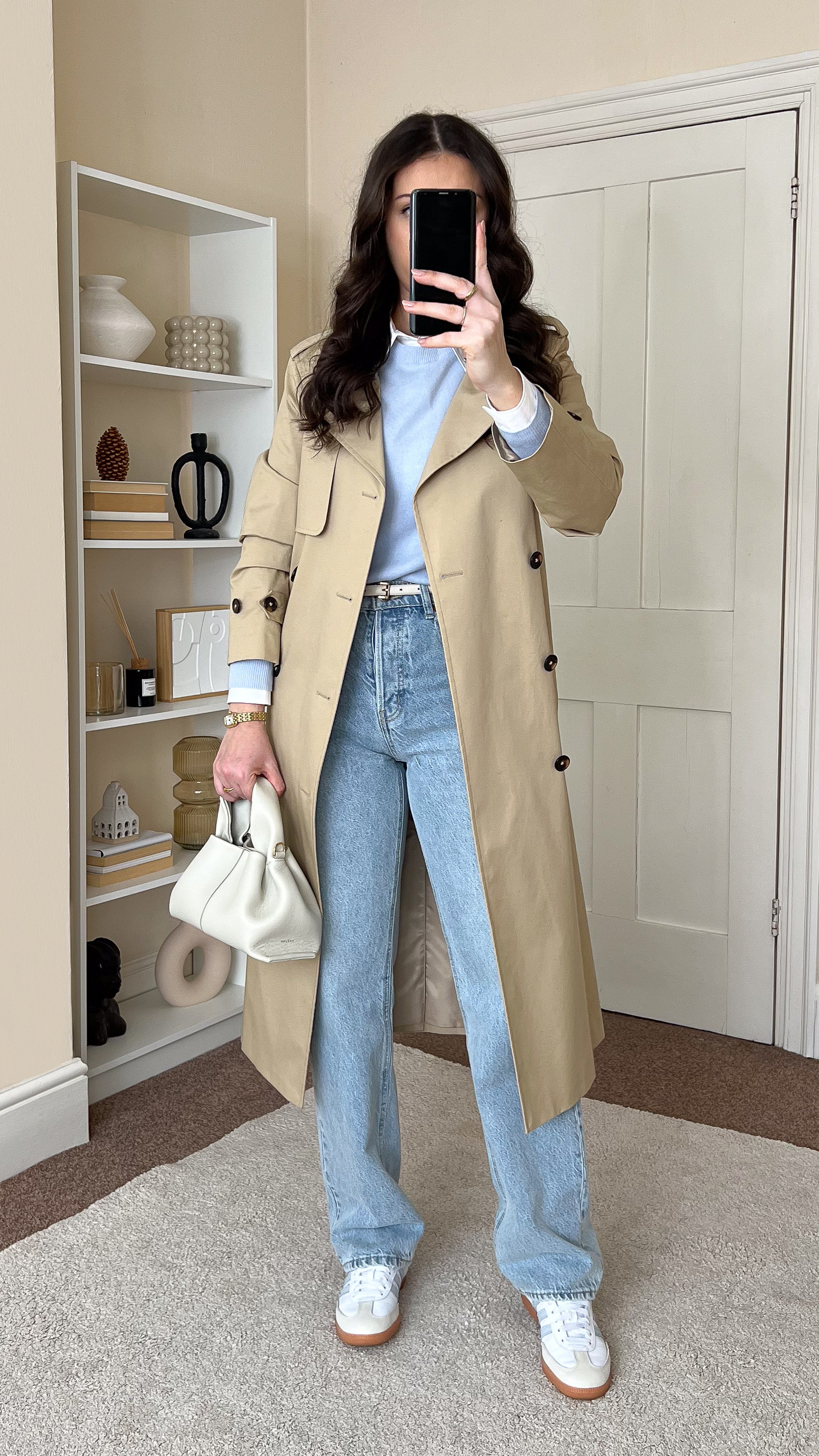 Casual smart early Spring outfit. Shirt is Mango, size UK10. Jumper is Uniqlo, size S. Trench coat is M&S, size UK10. Jeans are H&M, size UK8.  

 #LTKeurope #LTKspring #LTKstyletip