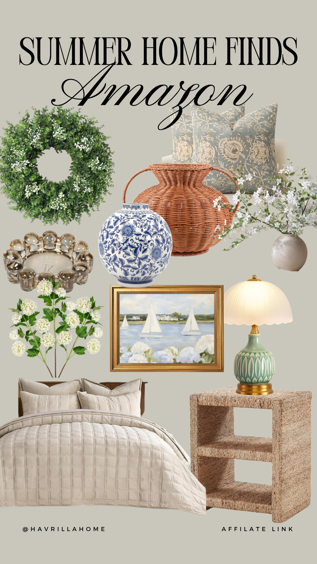 Summer Home Finds, summer home decor, Amazon home finds, coastal home decor, blue and white decor, decorative vase, faux wreath, wicker vase, floral pillow, hydrangea stems, table lamp, woven nightstand, framed coastal art, summer bedroom decor, neutral home decor, cottage style, traditional decor, living room inspiration, home styling, classic interiors, coastal cottage

#LTKSeasonal #LTKHome