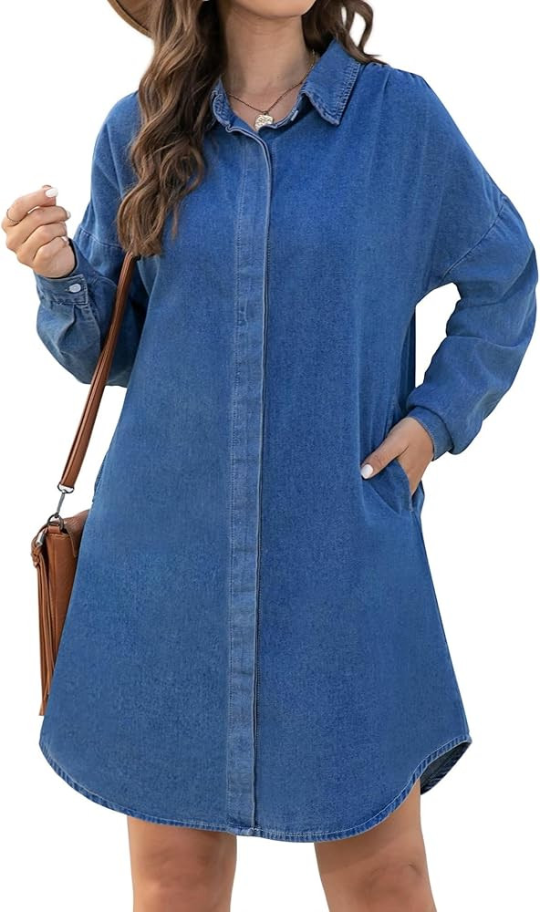KDF Denim Shirt Dress Women - Denim Dress for Women with Pockets Denim Button Down Shirt Dresses ... | Amazon (US)