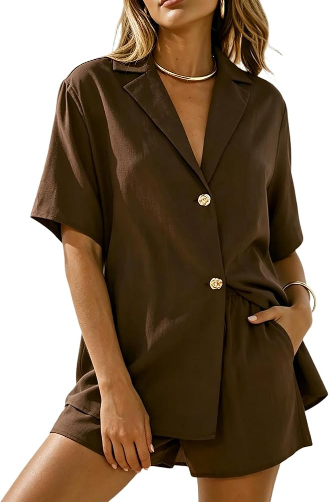 APAFES Women 2 Piece Set Button Down Shirt Shorts Sets Summer Two Piece Outfits Beach Vacation Ca... | Amazon (US)