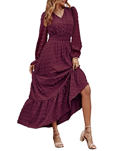 MASCOMODA Women Boho Maxi Dress 2024 Long Sleeve V Neck Swiss Dot Smocked High Waisted A-Line Ruf... | Amazon (US)