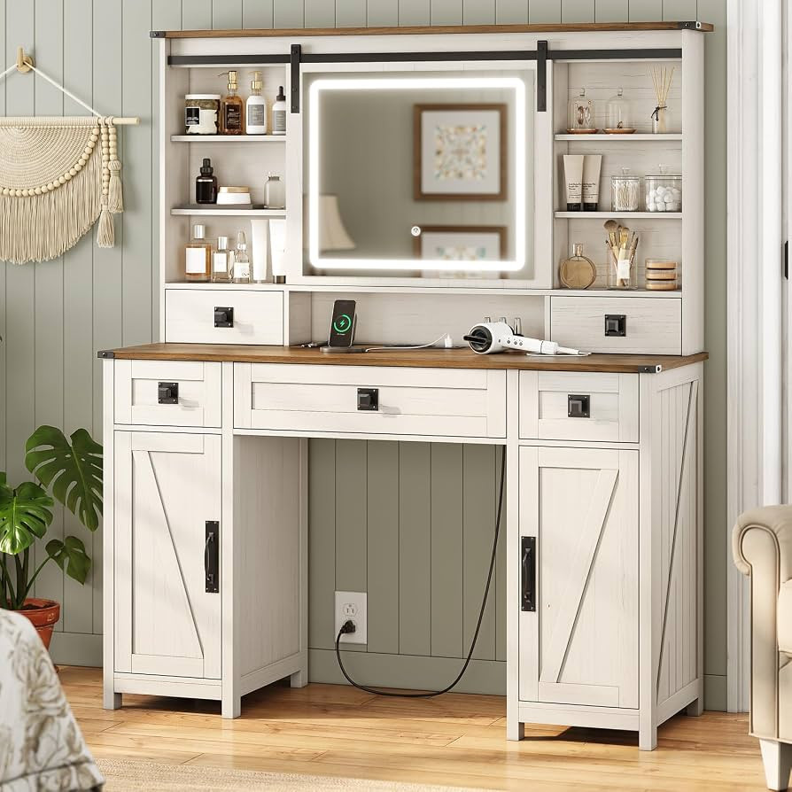 AOGLLATI Farmhouse Makeup Vanity Desk with Lights & Charging Station,Vanity Desk with Mirror and ... | Amazon (US)