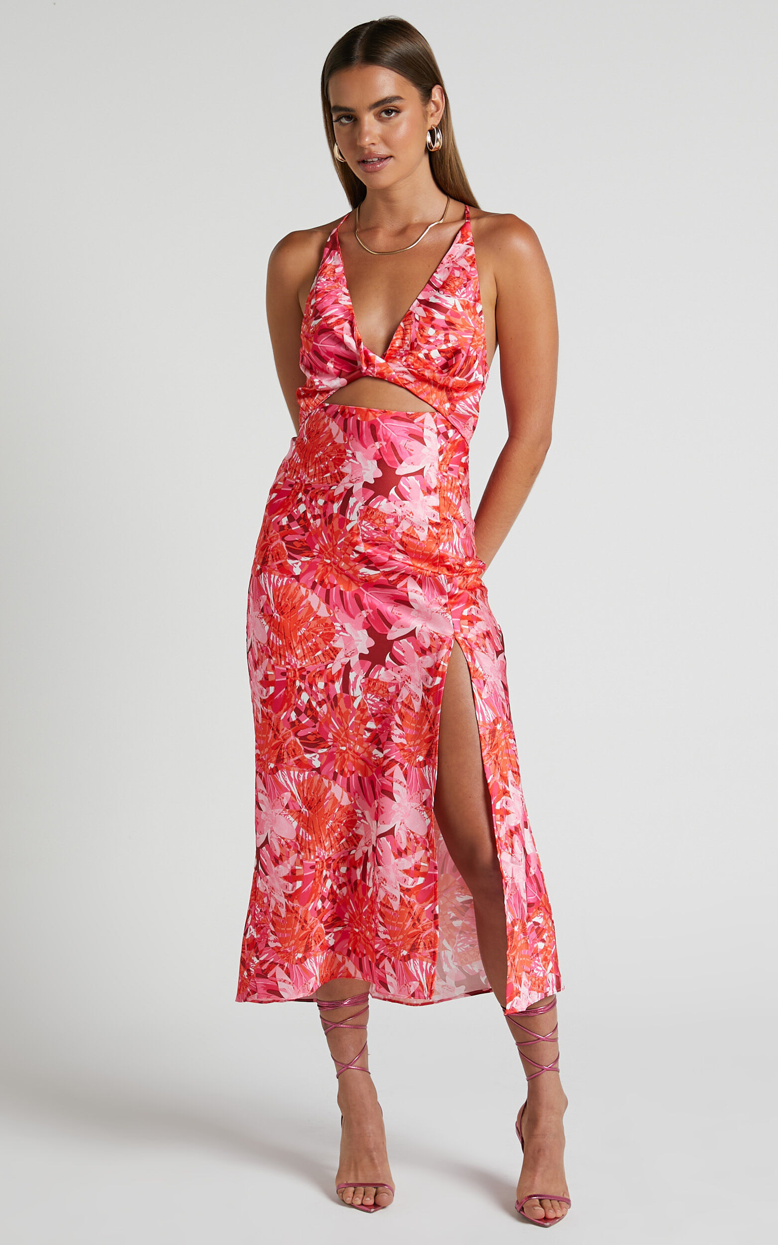 Tove Midi Dress - Twist Front Cut Out Satin Dress in Ice Pink Floral | Showpo (US, UK & Europe)