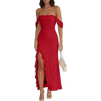 Caracilia Womens Summer Off The Shoulder Formal Bodycon Maxi Dresses High Slit Ruffle Hem Mesh We... | Amazon (US)