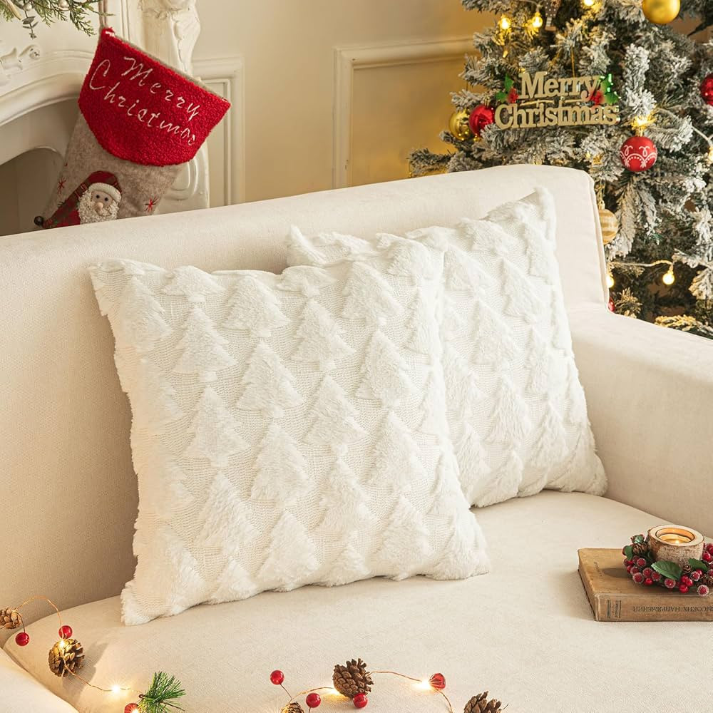 SHITURRE Christmas Tree Decorative Throw Pillow Covers Set of 2 Packs, Soft Fluffy Pillowcases fo... | Amazon (US)