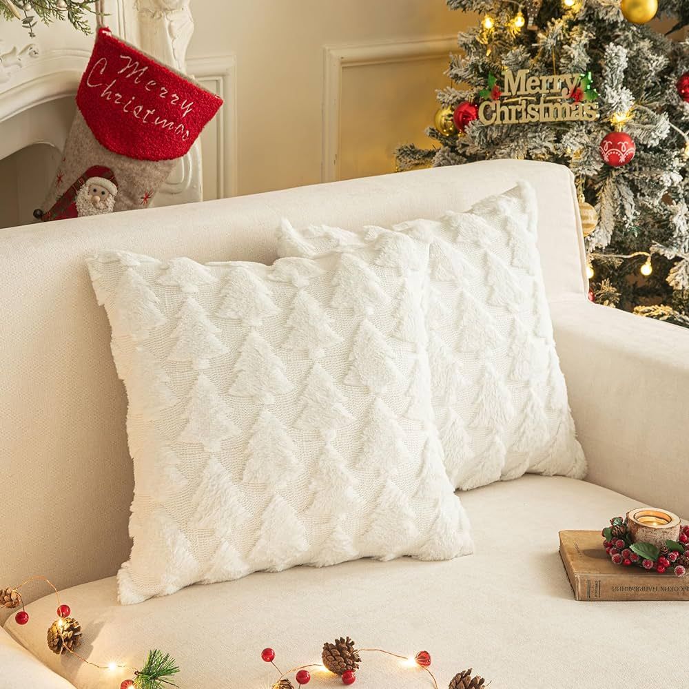 SHITURRE Christmas Tree Decorative Throw Pillow Covers Set of 2 Packs, Soft Fluffy Pillowcases fo... | Amazon (US)