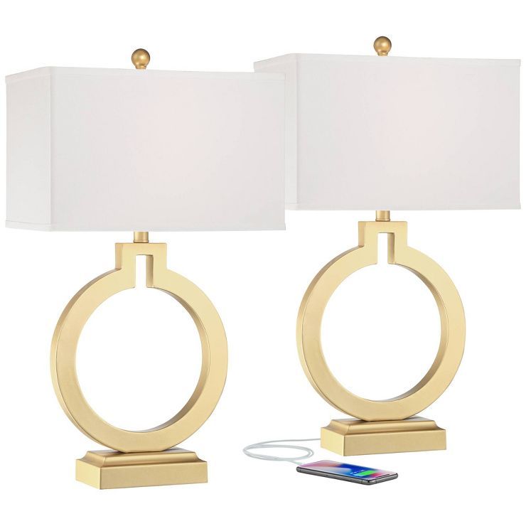 360 Lighting Modern Table Lamps 28.5" Tall Set of 2 with USB Charging Port Brushed Gold Open Ring... | Target