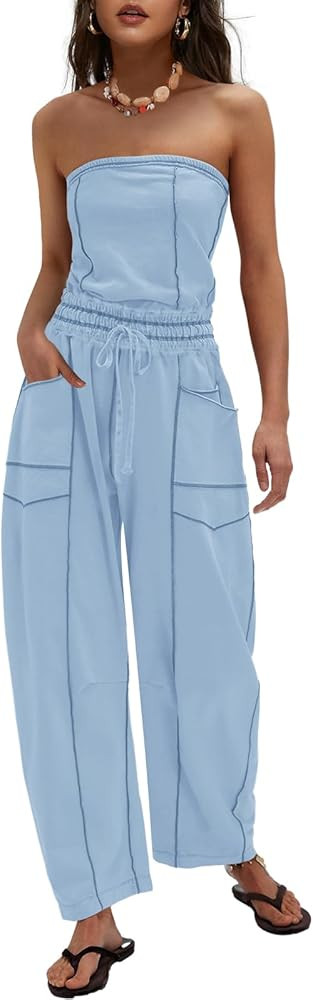 LAMISSCHE Womens Casual Strapless Jumpsuits off the Shoulder Summer Rompers Sleeveless One Piece ... | Amazon (US)