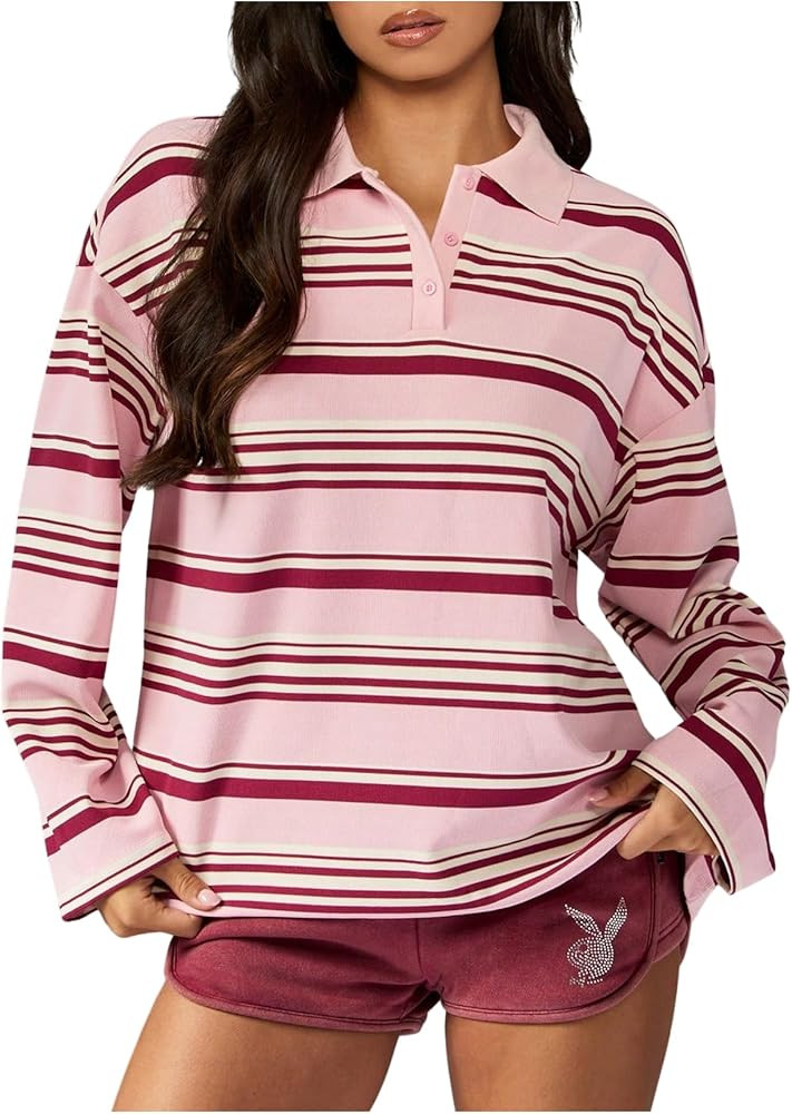 SOLY HUX Women's Striped T Shirt Collared Long Sleeve Oversized Tee Casual Fall Tops Streetwear M... | Amazon (US)