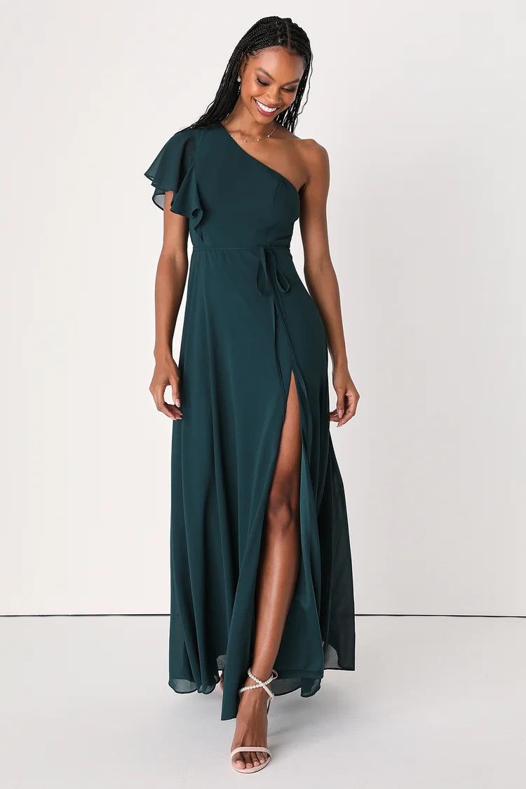 Dark Green One-Shoulder Flutter Sleeve Maxi Dress | Valentines Day Outfit | Party Dress | Lulus (US)