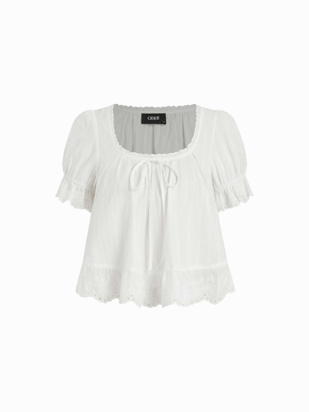 Cotton Lace Trim Knotted Short Puff Sleeve Blouse | Cider