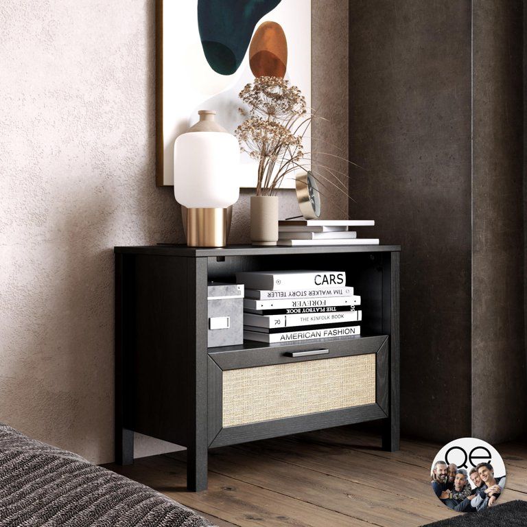 Queer Eye Wimberly 1 Drawer Nightstand, Black Oak with Faux Rattan | Walmart (US)