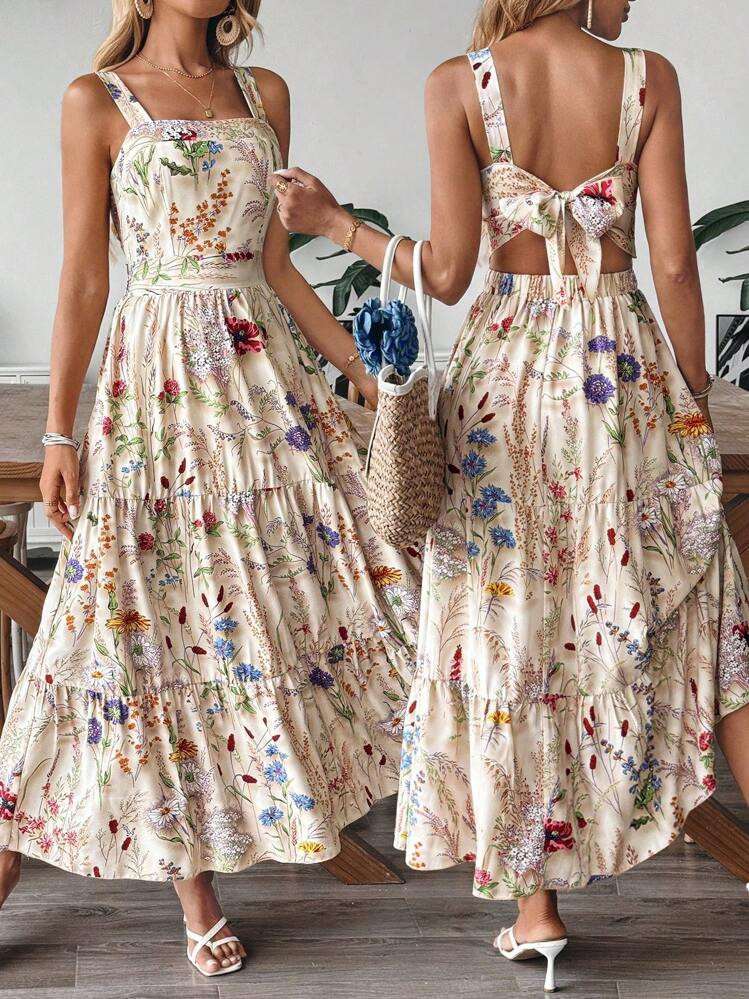 EMERY ROSE Women's Floral Print Tie-Back Bow Design Elastic Waist Casual Holiday & Commute Elegant Camisole Slip Dress | SHEIN