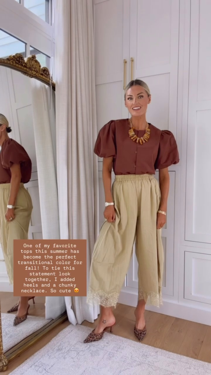 This chocolate brown colored top is the prettiest shade for fall! Paired with lace trim satin pants and leopard heels for an elevated look 🤎 wearing small in both!

Loverly Grey, fall outfit ideas, brown blouse, puff sleeve top, lace trim pants, leopard heels, fall fashion, statement jewelry