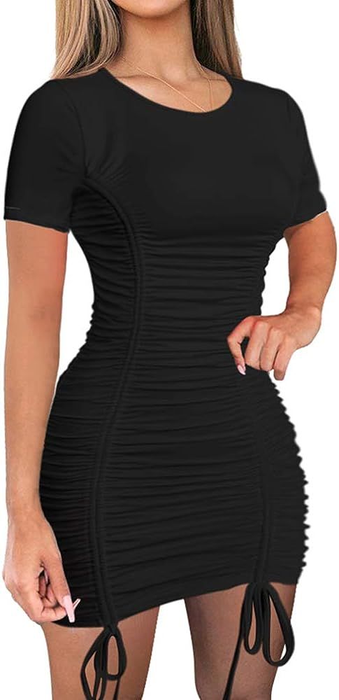 LAGSHIAN Women Sexy Summer Club Ruched Short Sleeve Drawstring Mini Bodycon Dress | Amazon (US)