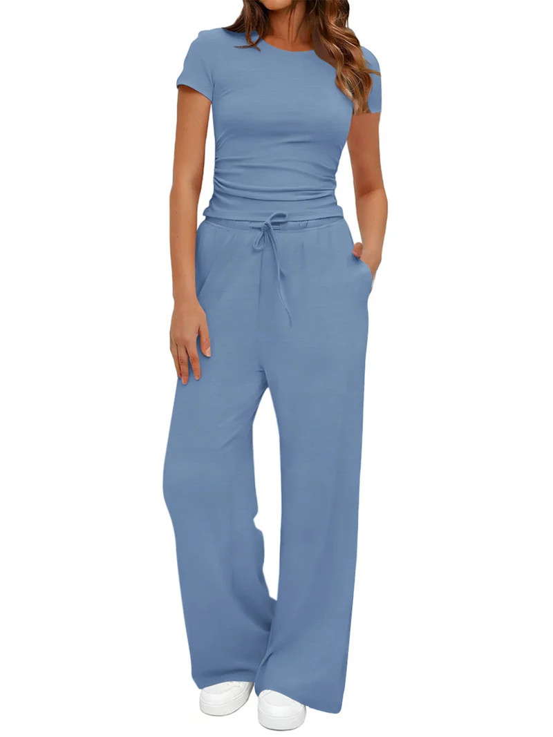 UVN Summer 2 Piece Outfit Set for Women Ruched Short Sleeve Tops and Wide Leg Pants with Pockets ... | Walmart (US)