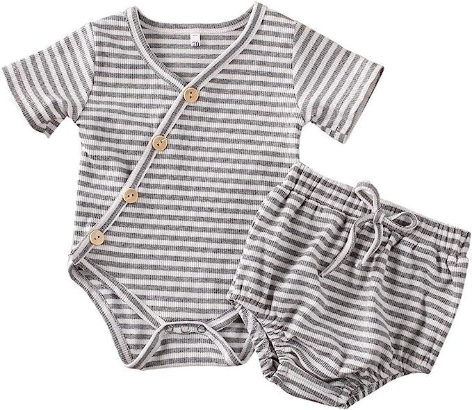 2 PCS Infant Toddler Baby Boy Girl Summer Outfits Top Shirt+Drawstring Shorts Clothes Set | Amazon (US)
