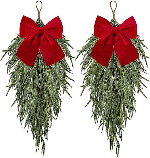 2 Pcs Christmas Swag with Velvet Bow,27.5inch Norfolk Pine Teardrop Swag,Christmas Teardrop Wreat... | Amazon (US)