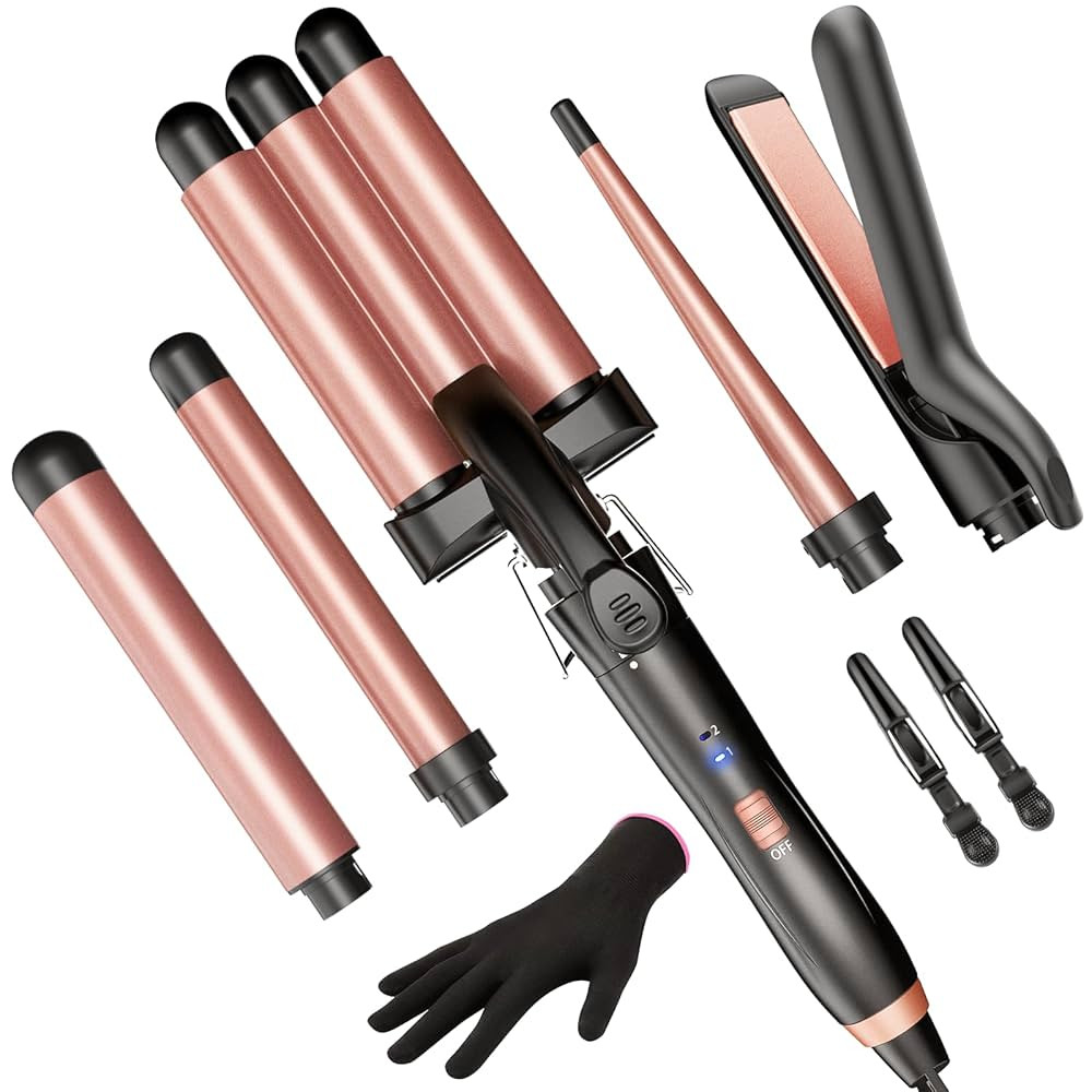 5 in 1 Wand Curling Iron-Kinked Curling Wand Set with Flat Iron Hair Straightener, 3 Barrels Hair... | Amazon (US)