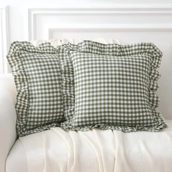 AUQ 2 Pack Sage Green Plaid Ruffle Gingham Throw Pillow Covers,100% Washed Cotton Checkered Farmh... | Walmart (US)