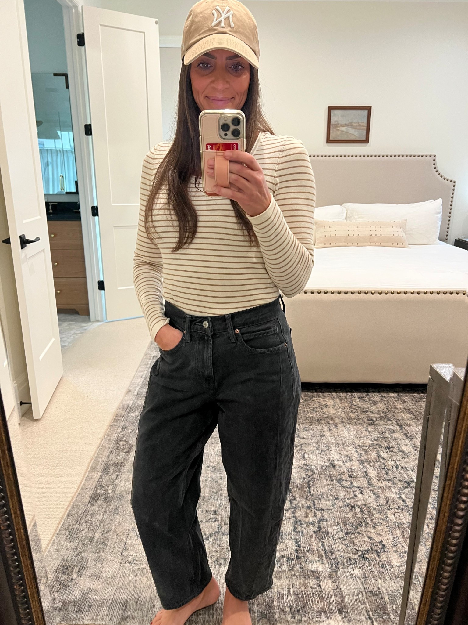 Mom fit! Love these barrel leg black denim form Old Navy. Wearing a 26/2. Striped long sleeve tee. Baseball cap from Amazon.  

#LTKootd #LTKmomlife #LTKPetite