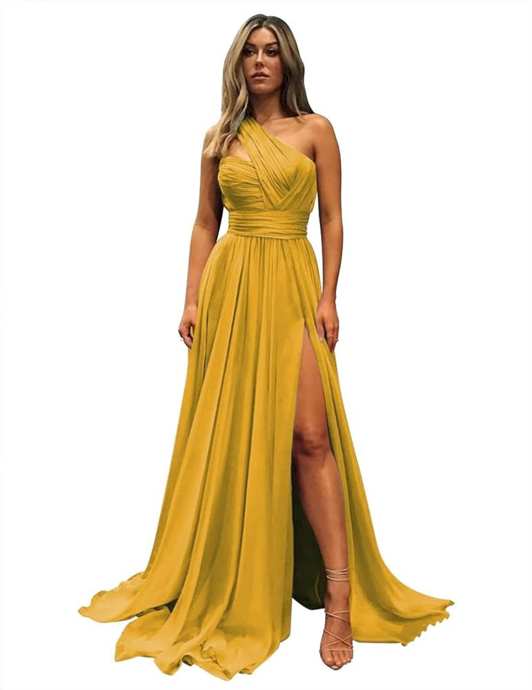 One Shoulder Chiffon Yellow Bridesmaid Dress Yellow Formal Dress Mustard Yellow Dress Outfit Ideas | Amazon (US)