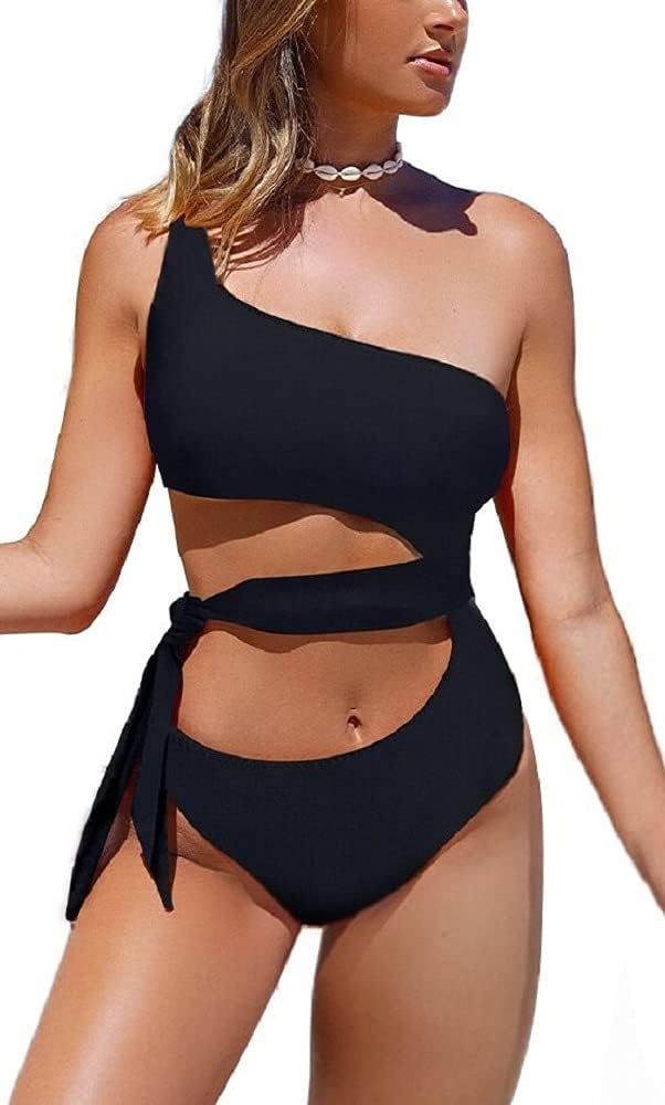 REKITA Cutout One Piece Swimsuits for Women Tie Waist Sexy High Cut One Shoulder Bikini with Head... | Amazon (US)