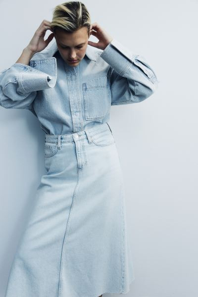 Feather Soft Denim Skirt - High waist - Long - Pale denim blue - Ladies | H&M US | H&M (US + CA)