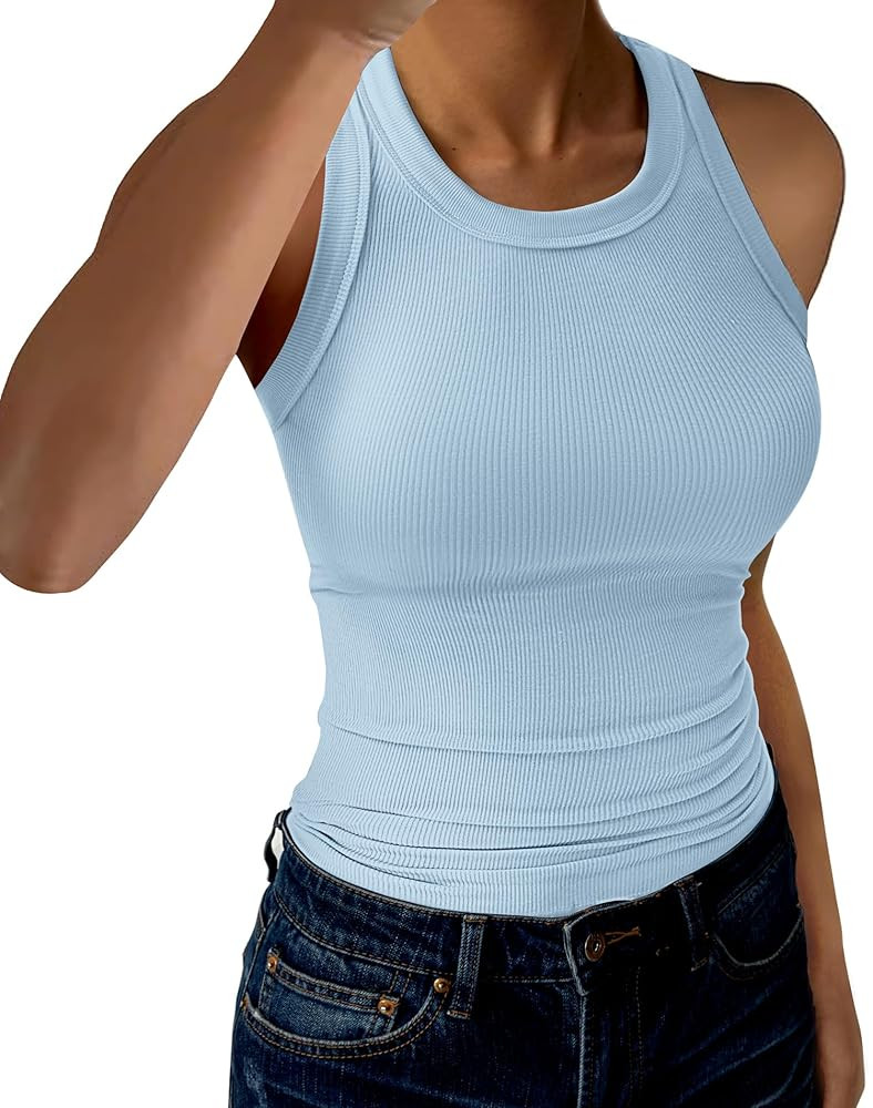Womens Tank Tops High Neck Sleeveless Ribbed Tank Casual Basic Thick Strap Slim Fitted Racerback ... | Amazon (US)