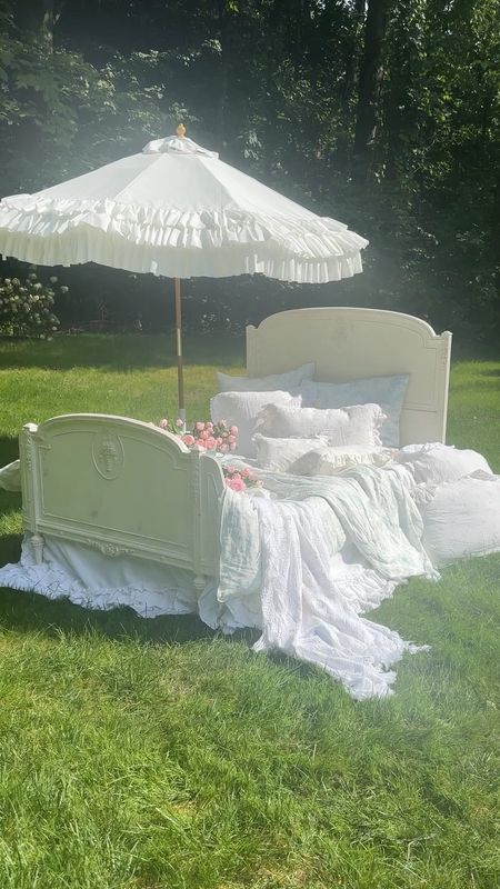 Doesn’t everyone need a bed in their backyard? We about fell over when we came across this vintage beauty. It’s full-size, all original carvings and in our @etsy shop. If you would like more information comment BED.  
.
.
#bedroom #bedding #shabbychic #etsy #frenchcountry #ruffles

#LTKwedding #LTKSeasonal #LTKhome
