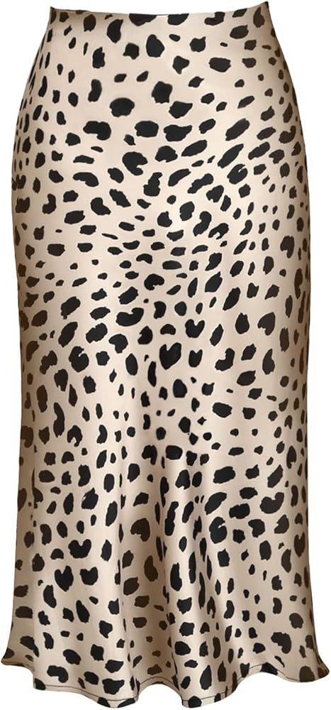 Womens Leopard Print Skirt Trendy Summer Midi Long Length Silk Satin High Waist Elastic Skirts | Amazon (US)