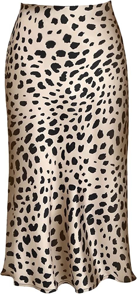 Womens Leopard Print Skirt Midi Long Length Silk Satin High Waist Elastic Skirts | Amazon (US)