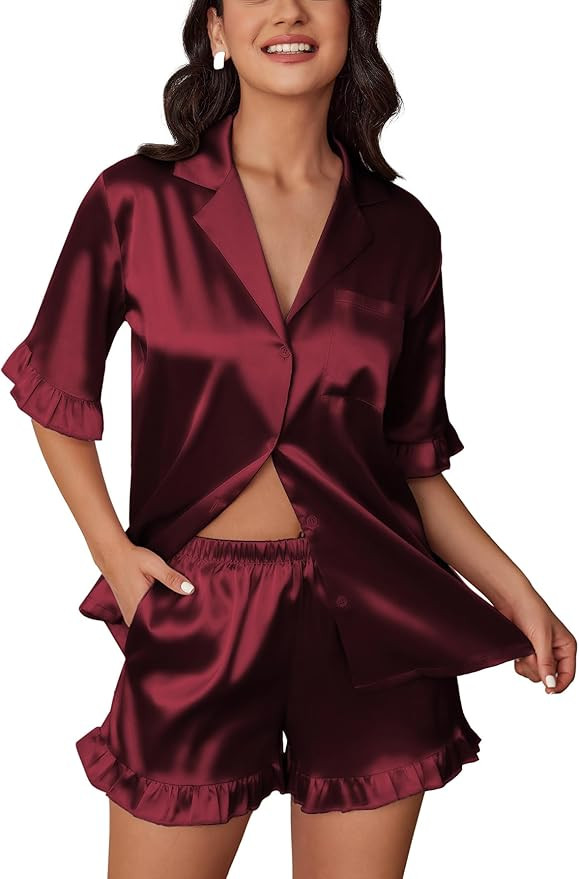 Ekouaer Women's Silk Satin Pajamas Sets Button Down Ruffled Pj Set Sleepwear S-XXL | Amazon (US)