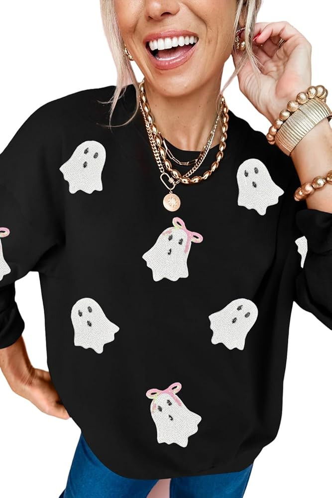 KevaMolly Womens Halloween Sweatshirt Sequin Cute Bow Ghost Graphic Crew Neck Pumpkin Printed Lon... | Amazon (US)