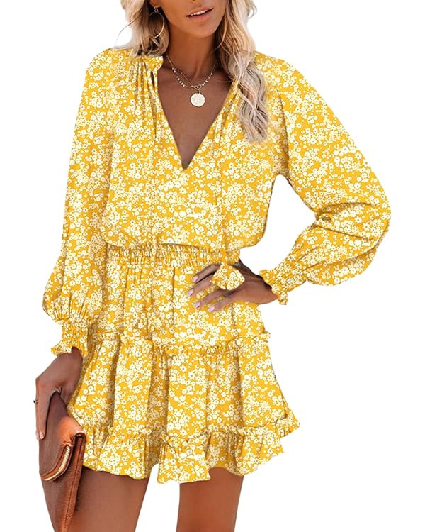 Dokotoo Spring Dresses for Women 2026 Boho Floral Drawstring V Neck Smocked Long Sleeve Ruffle Ti... | Amazon (US)