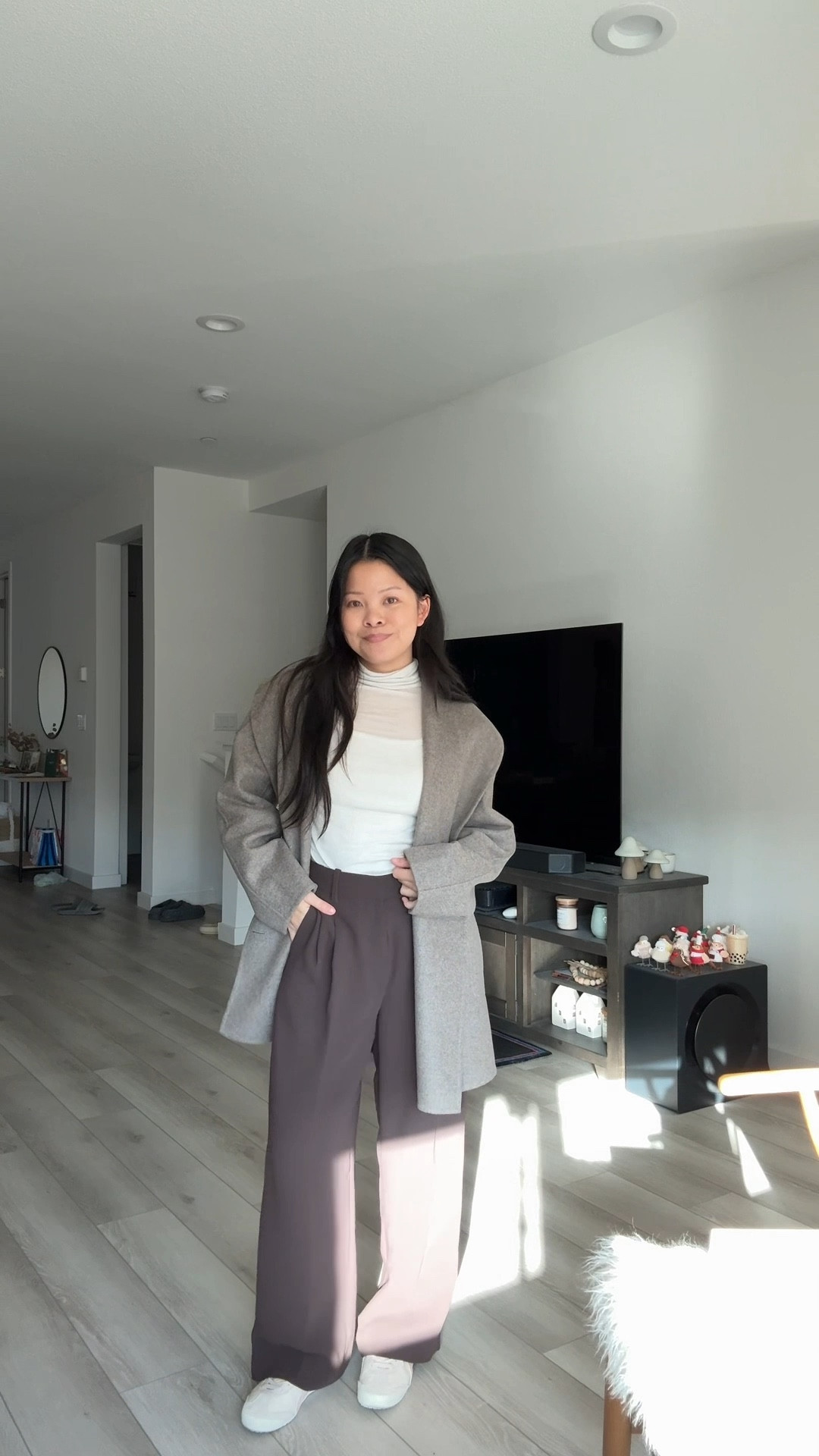 Size 2XS in coat 
Size XS in turtleneck
Size XS in tank 
Size 2 Short in trousers 
Onitsuka sneakers 
BÉIS tote bag 


#LTKWorkwear #LTKootd #LTKPetite