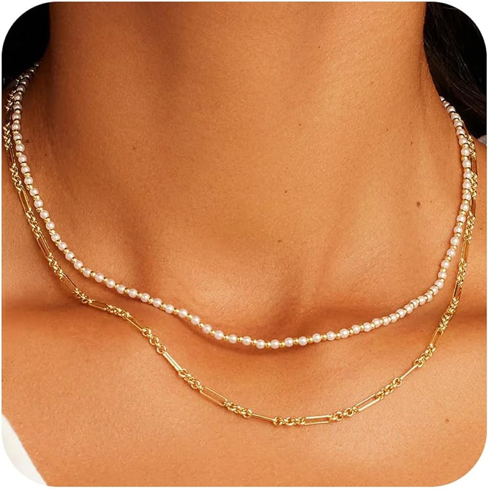 Eaciy Layered Gold Necklaces for Women - 18K Gold Plated Herringbone Paperclip Chain Pearl Cuban ... | Amazon (US)