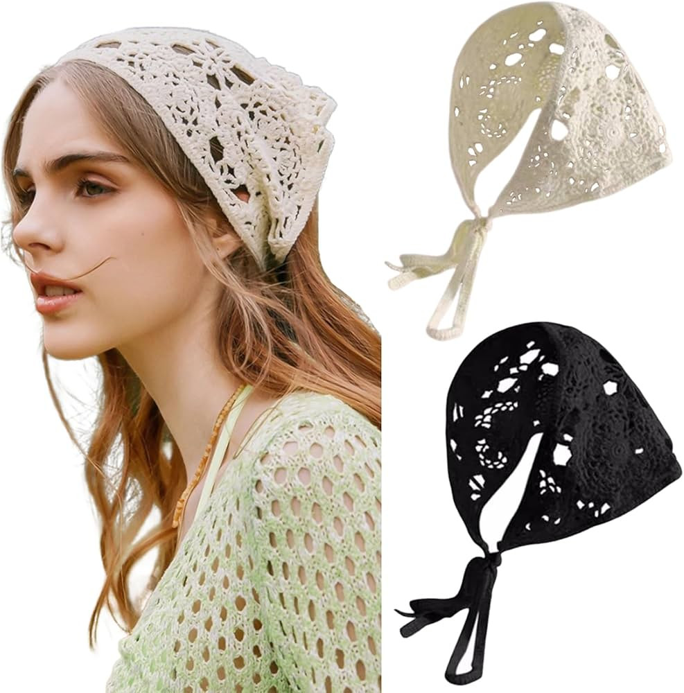 FULZTEY Crochet Bandanas Headbands for Women Black Bandana White Hippie Hairband Hallow Flower He... | Amazon (US)