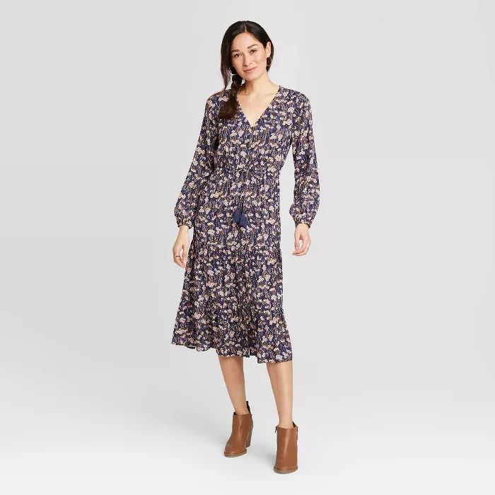 Women's Floral Print Long Sleeve Midi Dress - Knox Rose™ Navy | Target
