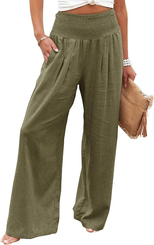 Vansha Women Summer High Waisted Cotton Linen Palazzo Pants Wide Leg Long Lounge Pant Trousers wi... | Amazon (US)