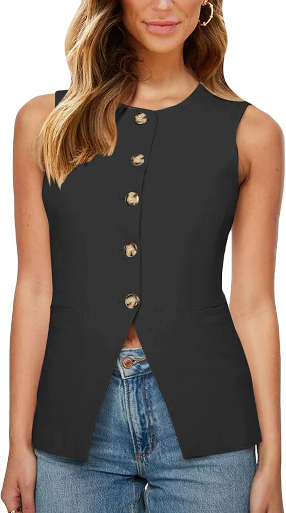 Fallorchid Womens Round neck Suit Vest Sleeveless Button Business Jacket Waistcoat Top | Amazon (US)