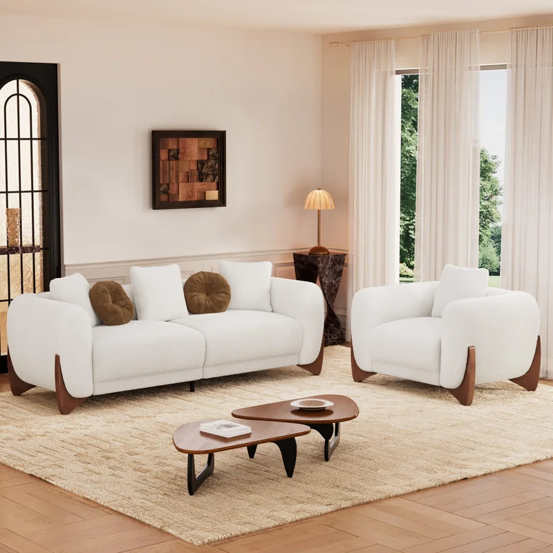Keiven 2-Piece Living Room Set – Bouclé Sofa & Chair With Walnut Legs | Wayfair North America