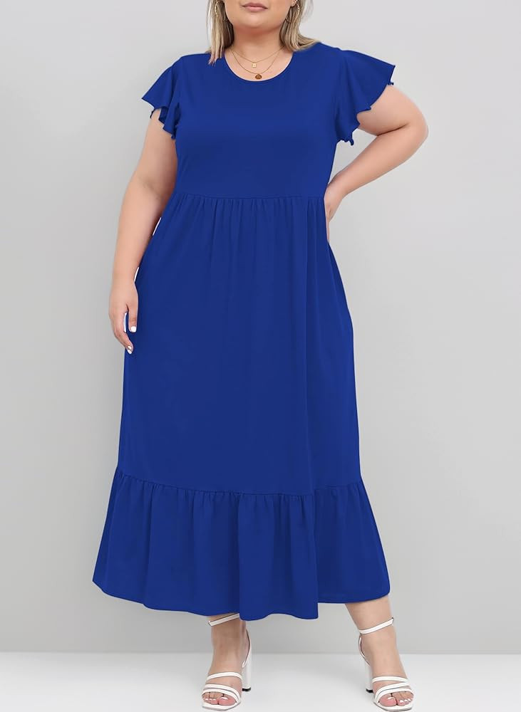 Moon Wood Damen Sommerkleid Lang Freizeit Maxikleid Curvy Blumenkleid mit Kurzarm und Taschen Gro... | Amazon (DE)