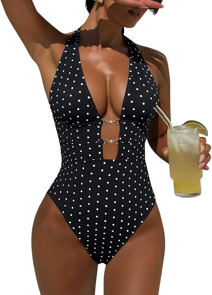 Women's Sexy High Cut Cheeky One Piece Swimsuits Monokini Plunge V Neck Halter Bathing Suit Summe... | Amazon (US)