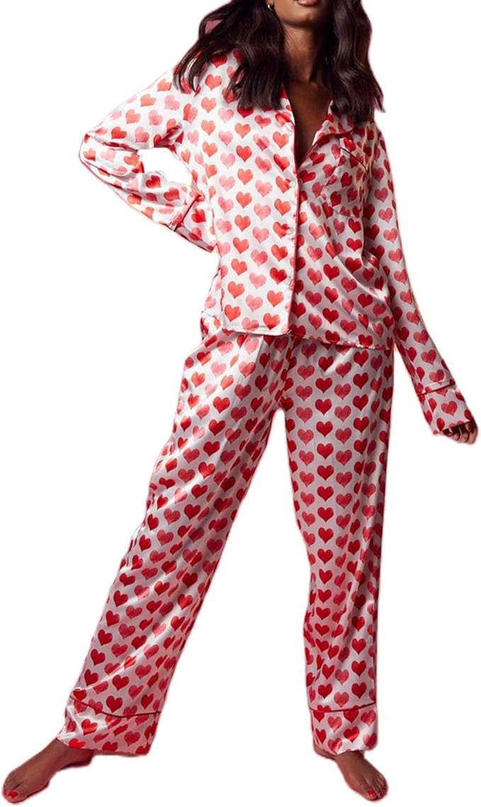 RUEWEY Women 2 Piece Pajama Set Heart Print Long Sleeves Button Down Lapel Shirt Long Pants Match... | Amazon (US)
