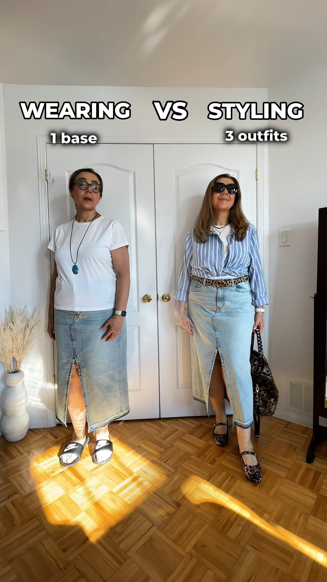 Stop wearing same basic outfit every day! Most women wear tee-shirts and denim bottoms every day. Do these easy tweaks to instantly elevate your look and look stylish and different every time! Not to mention, shave off a decade from your age :) 

You can add an oversized linen shirt over the tee and wrap it up to emphasize your waist for ease casual and modern look.

Or add a sweater in neutral tones or striped sweater over the shoulders to instantly elevate your look. 

Don’t forget the accessories: adding a trendy accessories line a modern belt with a buckle, leopard print shoes and a bag in matching print will instantly make you look trendy. 

Top it with minimal metal jewelry and sunglasses for effortless chic.
And voila! You have an easy inexpensive way to look chick and way younger!

#styletips
#tipoftheday 
#shirttucktuck
#fashiontips 
#slimminglook

#LTKmodest #LTKstyletip #LTKworkwear