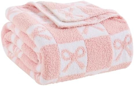 YIRUIO Pink Checkered Knit Throw Blanket - with Bow Pattern for Women Daughter, 50x60 Size Ultra ... | Amazon (US)
