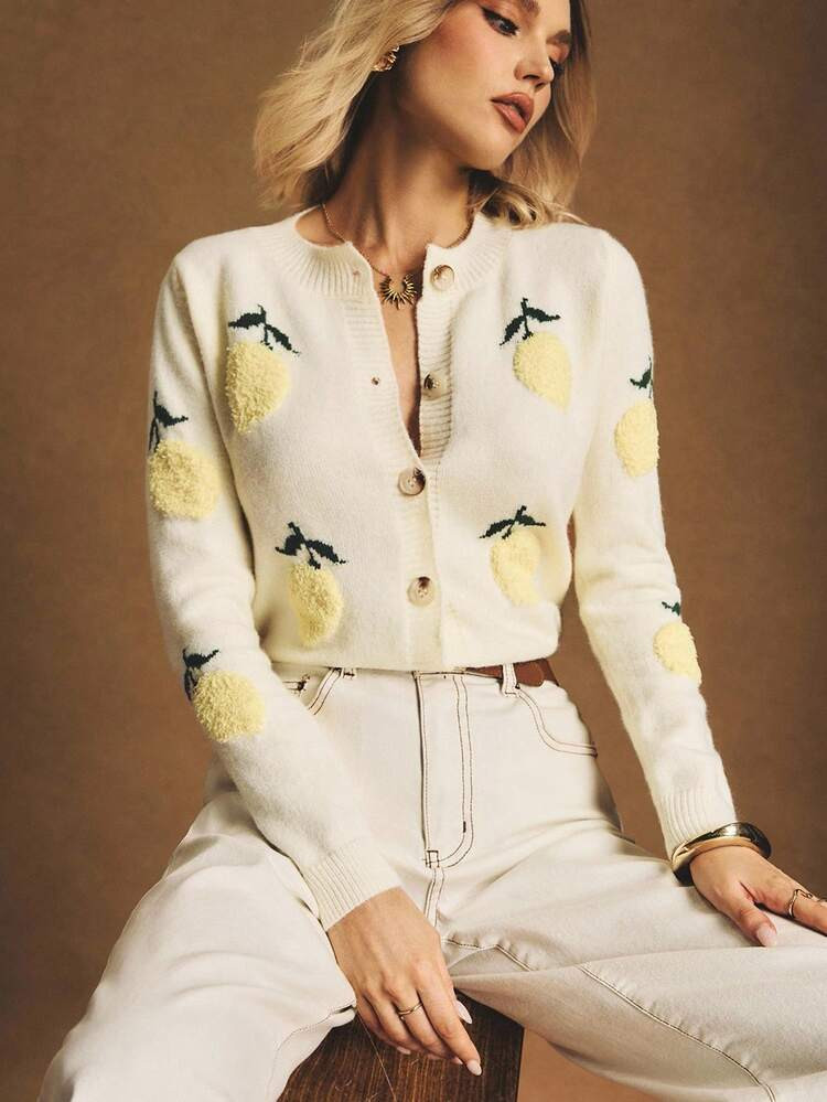 Poéselle Women's Fruit Pattern Long Sleeve Single-Breasted Casual Knit Cardigan, Autumn,Fall | SHEIN