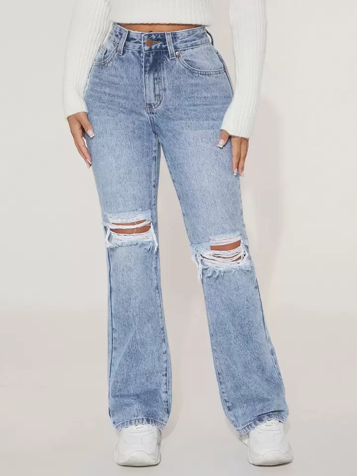SHEIN PETITE Ripped Flare Leg Jeans | SHEIN